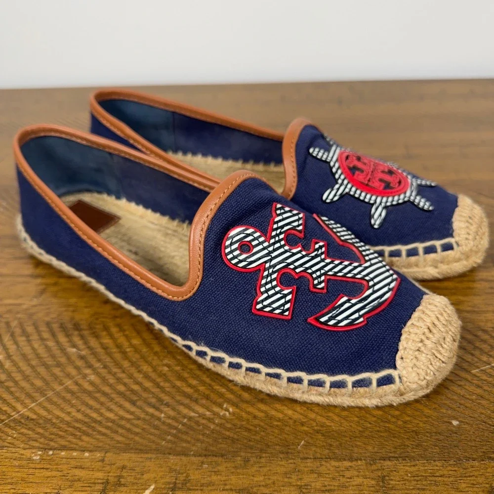 Tory Burch Espadrilles Womens 8 Navy Blue Maritime Flats Canvas Anchor Nautical